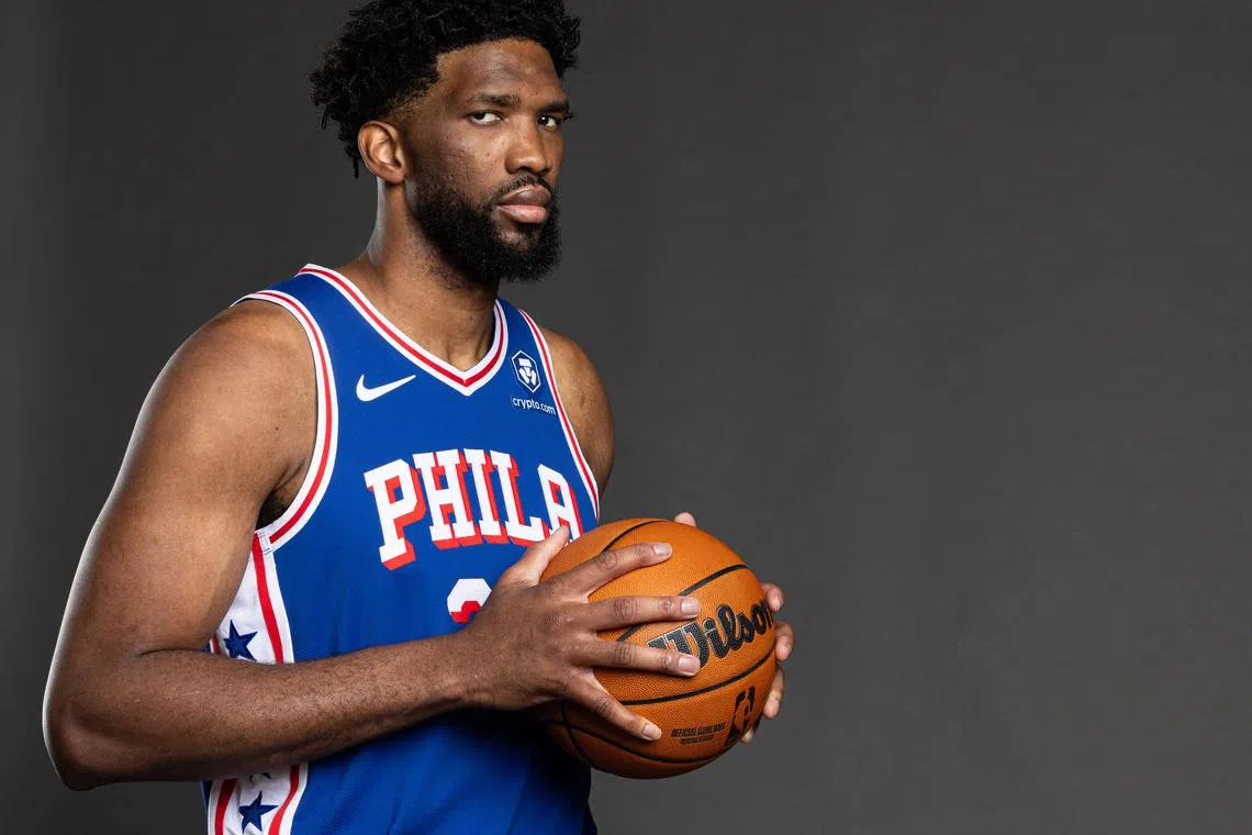 FILE PHOTO: Sep 30, 2024; Camden, NJ, USA; Philadelphia 76ers center Joel Embiid (21) poses for a photo on media day at the Philadelphia 76ers Training Complex. Mandatory Credit: Bill Streicher-Imagn Images/File Photo