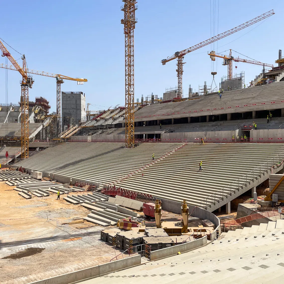 A general view shows construction works of the Hassan II Stadium, ahead of the World Cup, in Benslimane, near Casablanca, Morocco, May 23, 2026. Picture taken with a mobile phone. REUTERS/Ahmed Eljechtimi