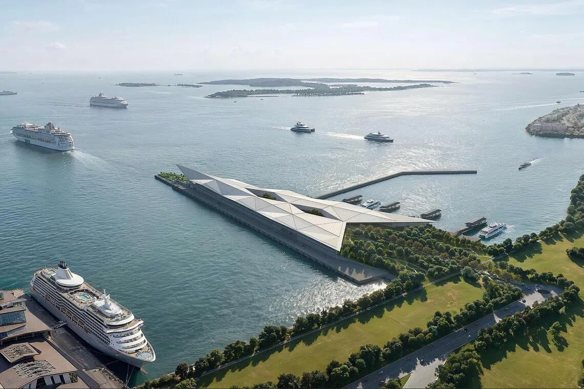 The planned cruise and ferry terminal (centre) will be located near the existing Marina Bay Cruise Centre Singapore (left).