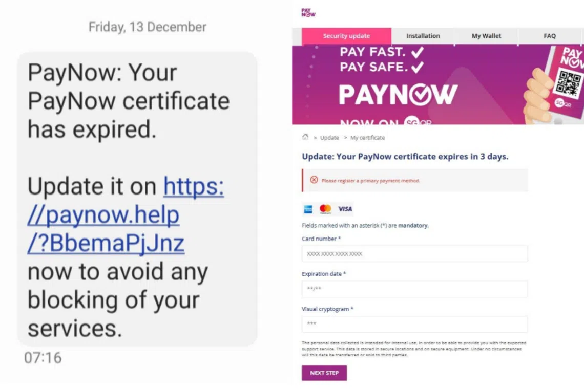 Victims were tricked into sharing their personal details on a fake PayNow website. 