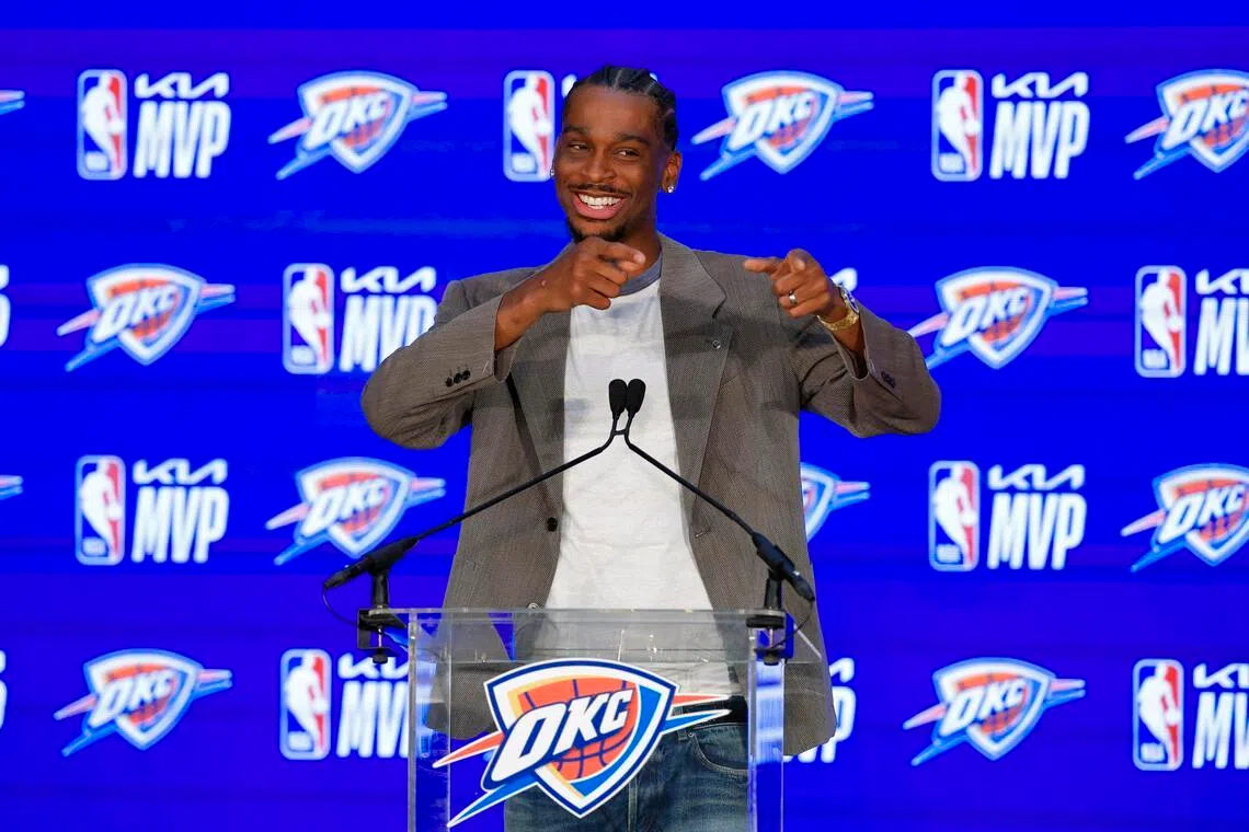 Oklahoma City Thunder guard Shai Gilgeous-Alexander during a press conference after the announcement that he won the 2025-26 NBA Most Valuable Player award.