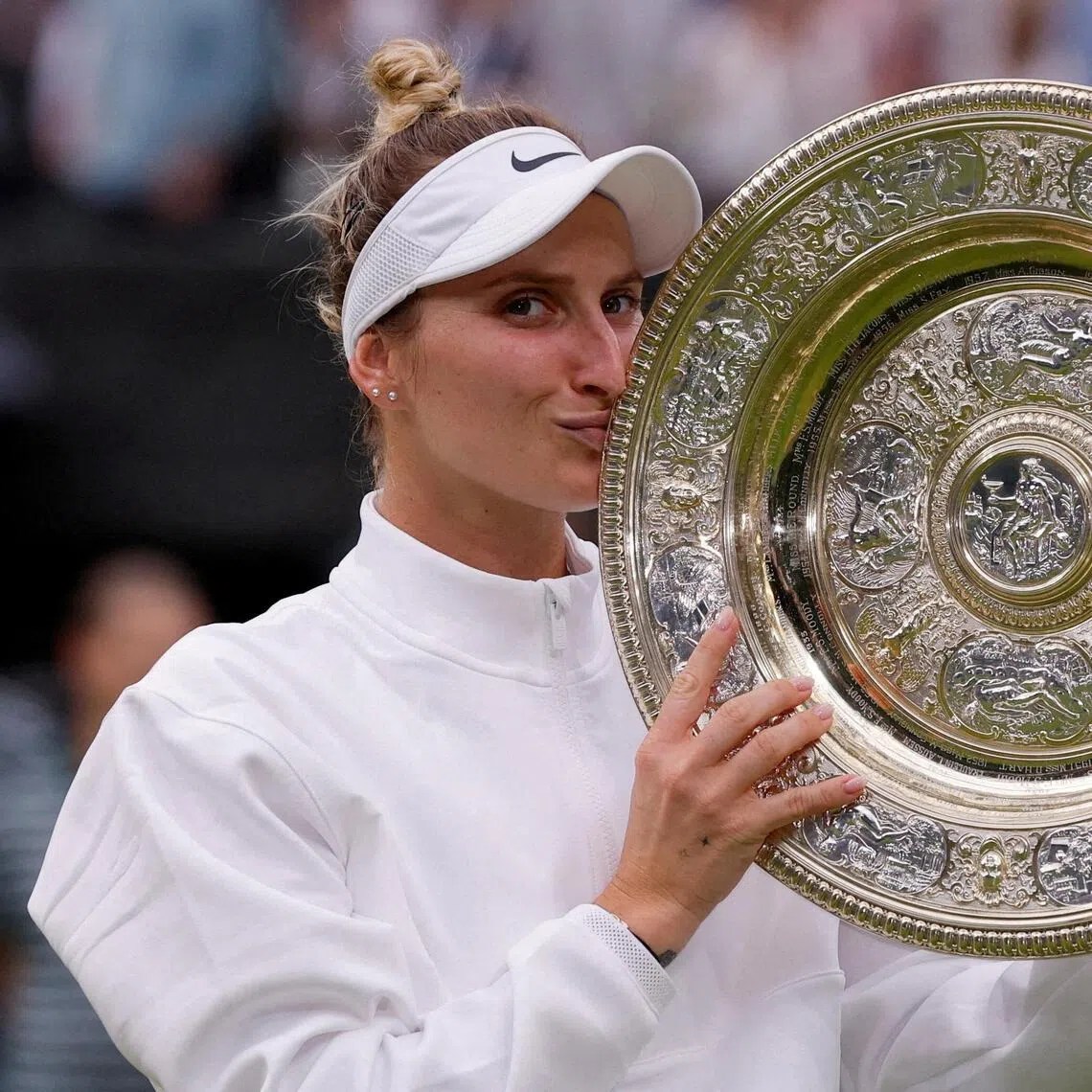 The Czech Republic’s Marketa Vondrousova celebrating her victory at Wimbledon in 2023.