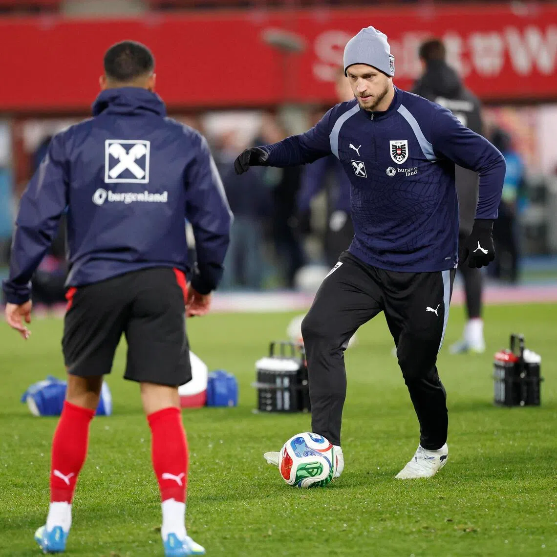 Austria's Marko Arnautovic during the warm up before the international friendly against South Korea at the Ernst Happel Stadion in Vienna on March 31, 2026.