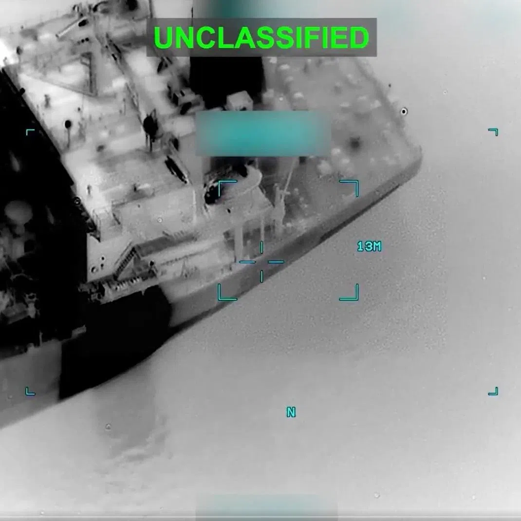 A screenshot from a video posted online that is said the show the US military's strike on the oil products tanker Settebello.