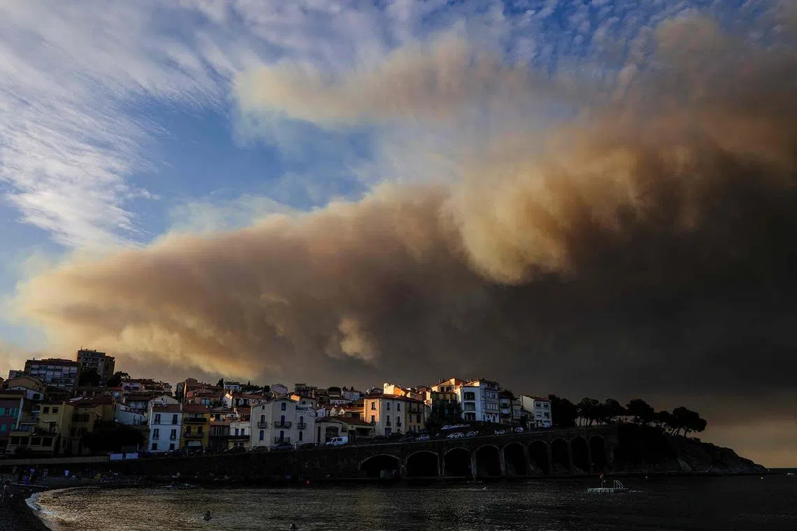 Smoke from wildfires raging in the Aude department in southern France is seen from the Mediterranean coast in Banyuls-sur-Mer, on Aug 5, 2025. A fire that broke out on Aug 5, 2025 in Ribaute has burned 4,000 hectares of forest and scrubland in just a few hours before reaching the village of Saint-Laurent-de-la-Cabrerisse, where houses were burned down. 
