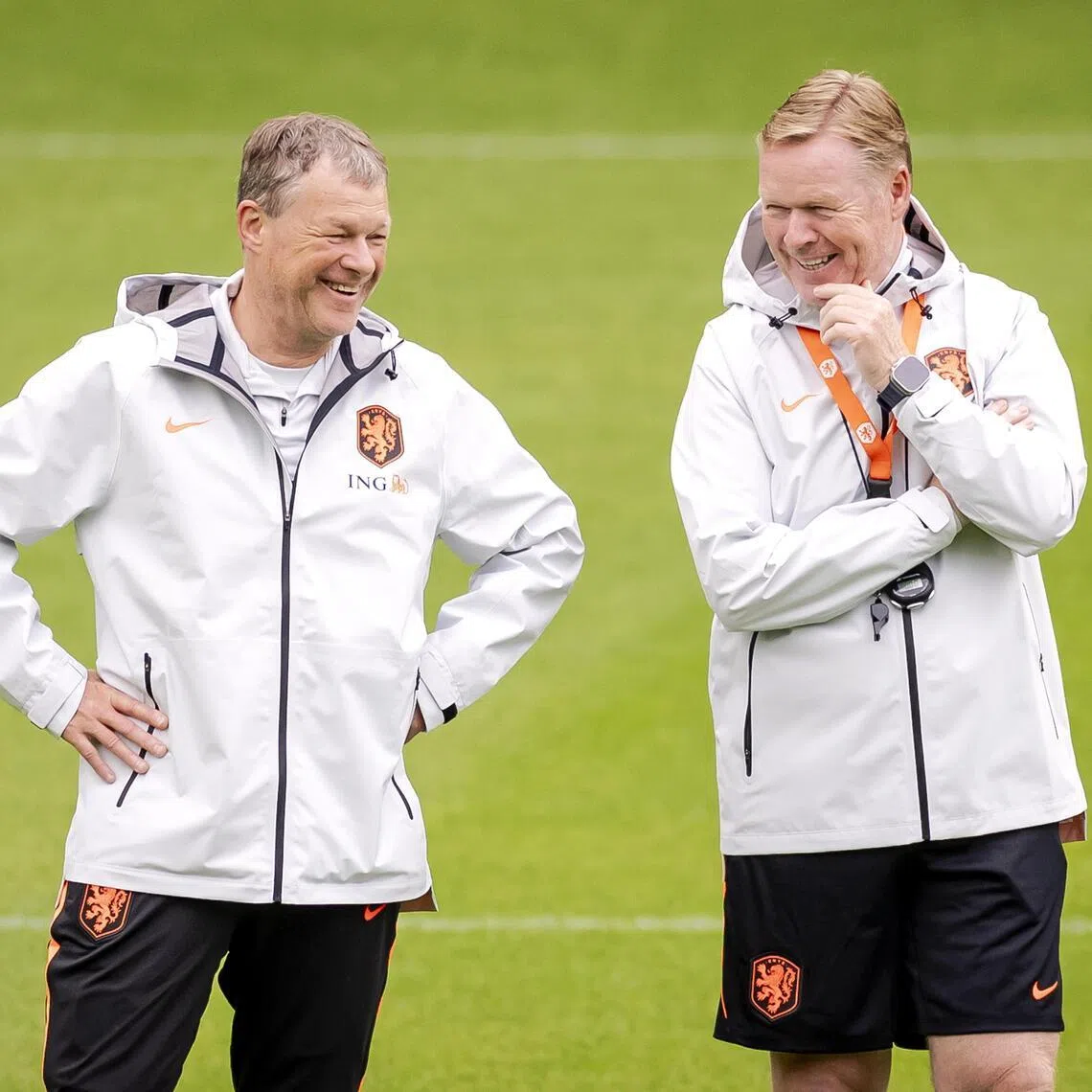 Netherlands coach Ronald Koeman (right) and his brother and assistant coach Erwin Koeman during a training session.