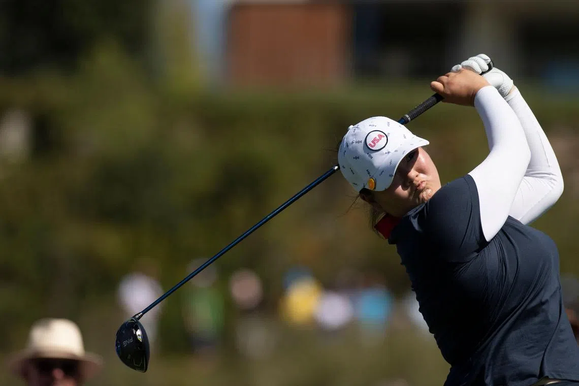 US team's golfer Angel Yin takes her tee shot on the third day of the 2023 Solheim Cup biennial team golf competition at Finca Cortesin golf club in Casares, on September 24, 2023. (Photo by JORGE GUERRERO / AFP)