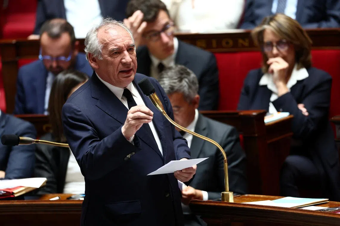 FILE PHOTO: French Prime Minister Francois Bayrou speaks during the questions to the government session at the National Assembly in Paris, France, June 10, 2025. REUTERS/Sarah Meyssonnier/File Photo