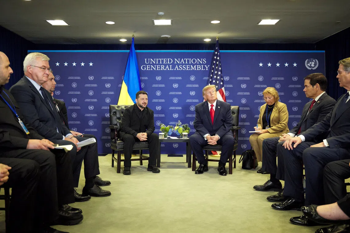US President Donald Trump and Ukraine's President Volodymyr Zelenskiy meet on the sidelines of the 81st United Nations General Assembly (UNGA) in New York City, US, in this handout released September 22, 2026. Ukrainian Presidential Press Service/Handout via REUTERS ATTENTION EDITORS - THIS IMAGE HAS BEEN SUPPLIED BY A THIRD PARTY.