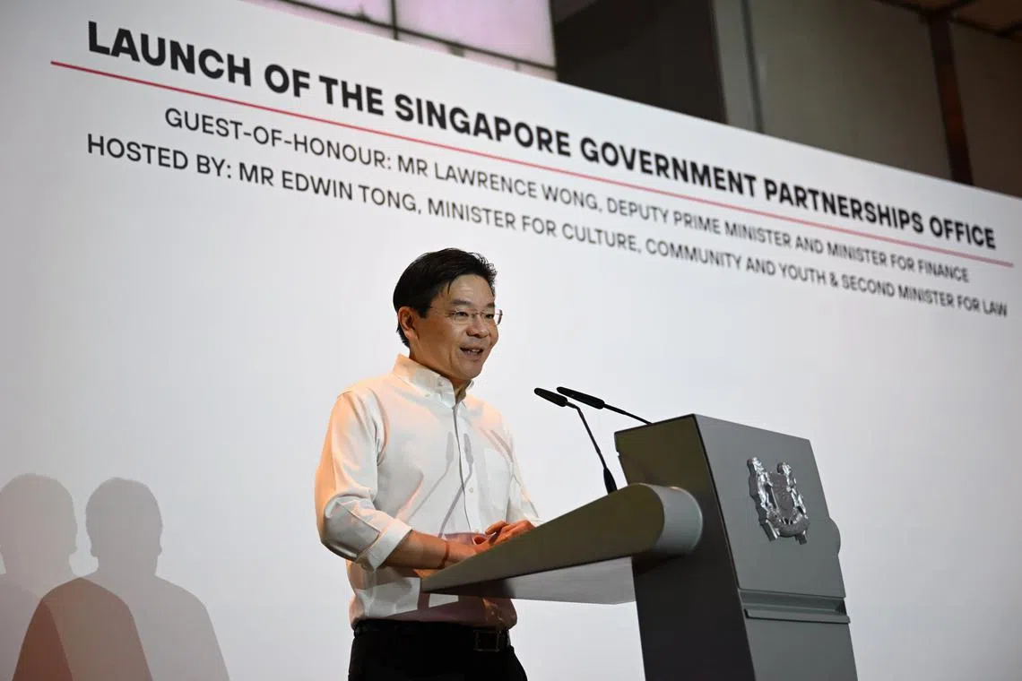 DPM Lawrence Wong speaking at the launch of the Singapore Government Partnerships Office (SGPO) on Jan 19, 2024. 