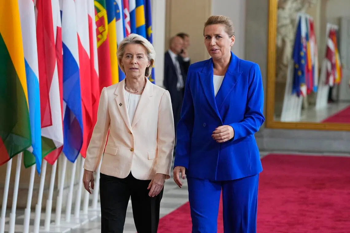 European Commission president Ursula von der Leyen (left) and Danish Prime Minister Mette Frederiksen at the defence meeting in Copenhagen on Oct 1.