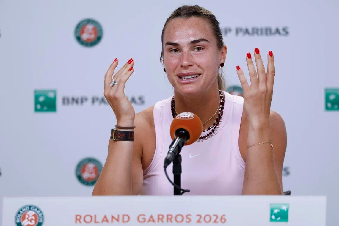 Aryna Sabalenka of Belarus attends a press conference ahead of the French Open.