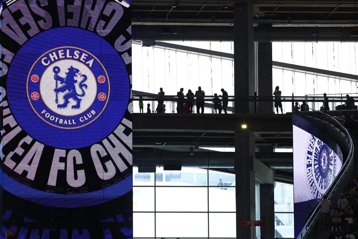 FILE PHOTO: Soccer Football - FIFA Club World Cup - Group D - Chelsea v Los Angeles FC - Mercedes-Benz Stadium, Atlanta, Georgia, U.S. - June 16, 2025, General view of Chelsea's logo as fans look on inside the stadium before the match REUTERS/Kai Pfaffenbach/File Photo