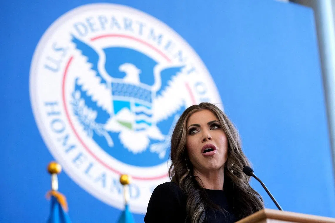 FILE PHOTO: Homeland Security Secretary Kristi Noem speaks to employees at the Department of Homeland Security, Tuesday, Jan. 28, 2025, in Washington, U.S. Manuel Balce Ceneta/Pool via REUTERS//File Photo