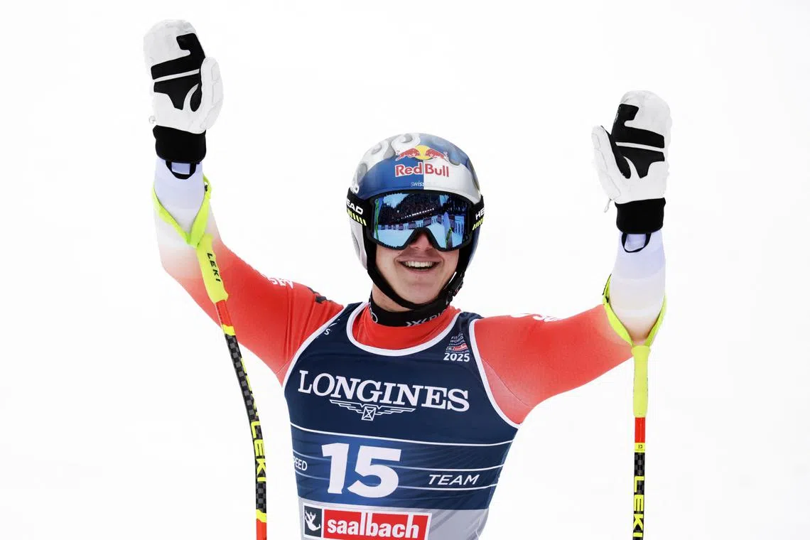 FILE PHOTO: Alpine Skiing - FIS Alpine World Ski Championships - Men's Team Combined - Saalbach, Austria - February 12, 2025 Switzerland's Franjo von Allmen reacts after their run REUTERS/Leonhard Foeger/File Photo
