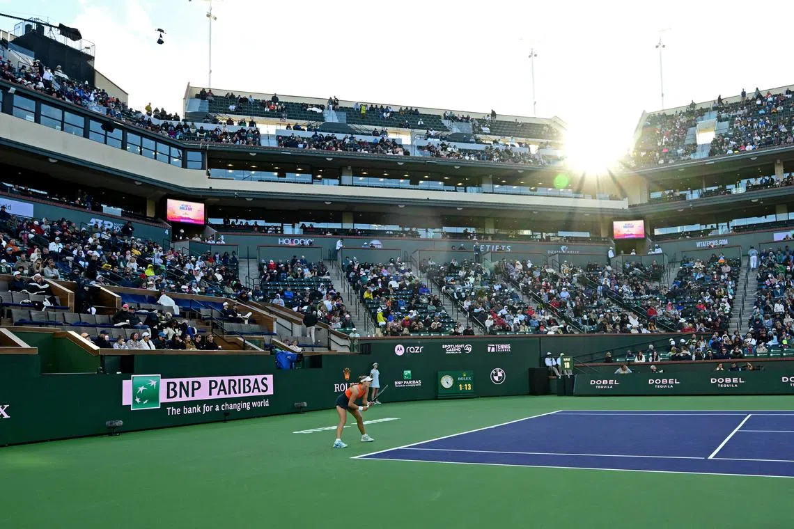 FILE PHOTO: Mar 14, 2025; Indian Wells, CA, USA;  Mirra Andreeva (RUS) hits a shot during her semifinal match defeating Iga Swiatek (not pictured) at the BNP Paribas Open at the Indian Well Tennis Garden. Mandatory Credit: Jayne Kamin-Oncea-Imagn Images/File Photo
