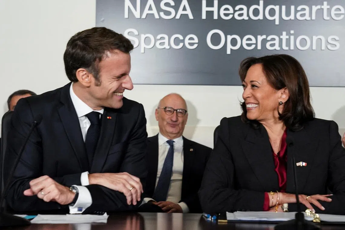 French President Emmanuel Macron and US Vice-President Kamala Harris hold a briefing during a visit to Nasa's headquarters.