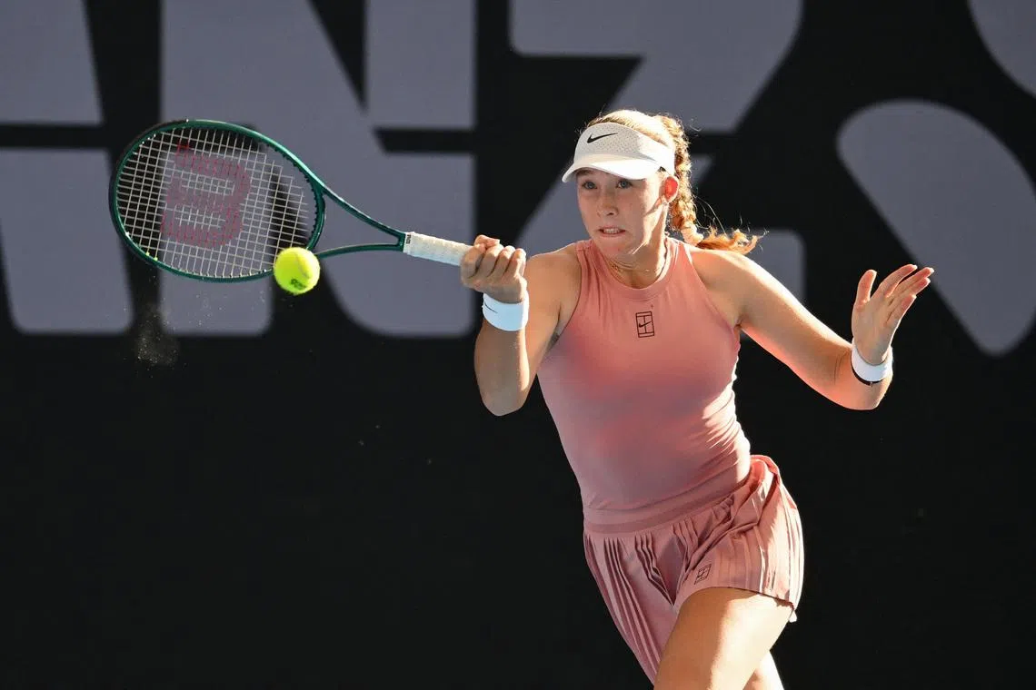 Tennis - Brisbane International Tennis Tournament - Pat Rafter Arena, Brisbane, Australia - January 7, 2026 Russia's Mirra Andreeva in action during her round of 32 match against Australia's Olivia Gadecki Zain Mohammed/AAP Image via REUTERS