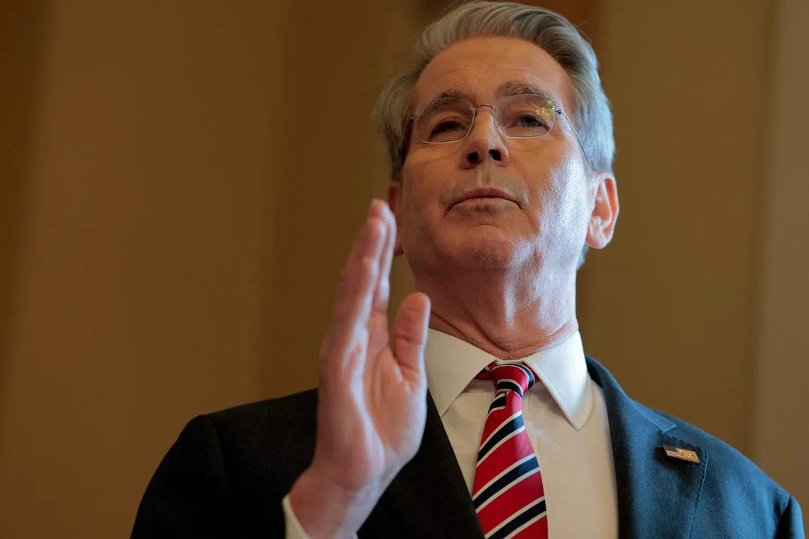US Treasury Secretary Scott Bessent speaking to reporters after attending a meeting in Washington on April 28. 