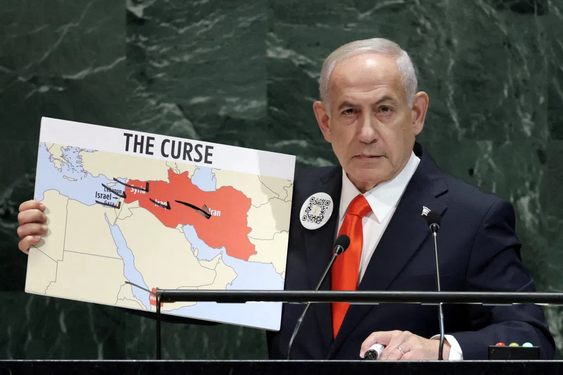 Israeli Prime Minister Benjamin Netanyahu addresses the 80th United Nations General Assembly (UNGA) at U.N. headquarters in New York City, U.S., September 26, 2025. REUTERS/Jeenah Moon
