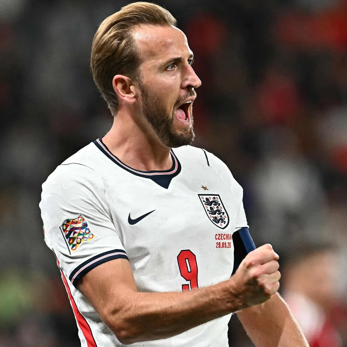 England striker Harry Kane celebrates scoring his side’s second goal against the Czech Republic on Sept 29.