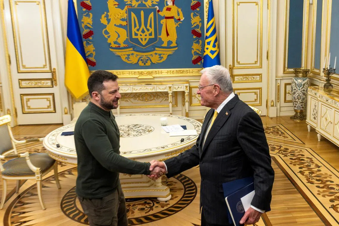 US Special Envoy to Ukraine and Russia, General Keith Kellogg, shaking hands with Ukrainian President Volodymyr Zelensky, in Kyiv, on Feb 20.