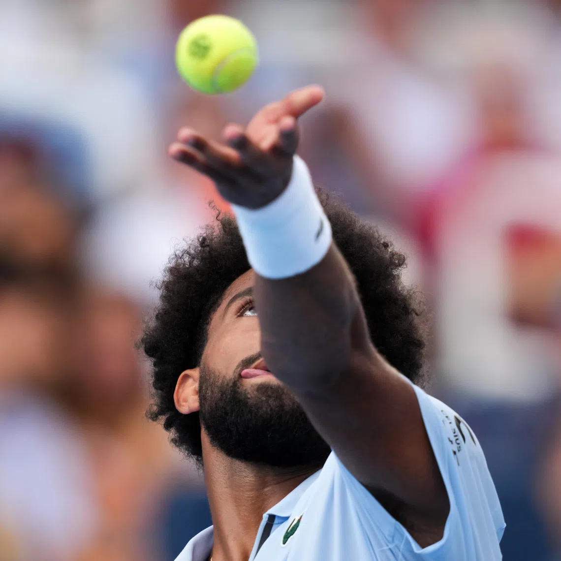 Aug 23, 2026; Cincinnati, OH, USA;  Arthur Fils (FRA) serves to Frances Tiafoe (USA) during the finals of the Cincinnati Open at Lindner Family Tennis Center. Mandatory Credit: Aaron Doster-Imagn Images