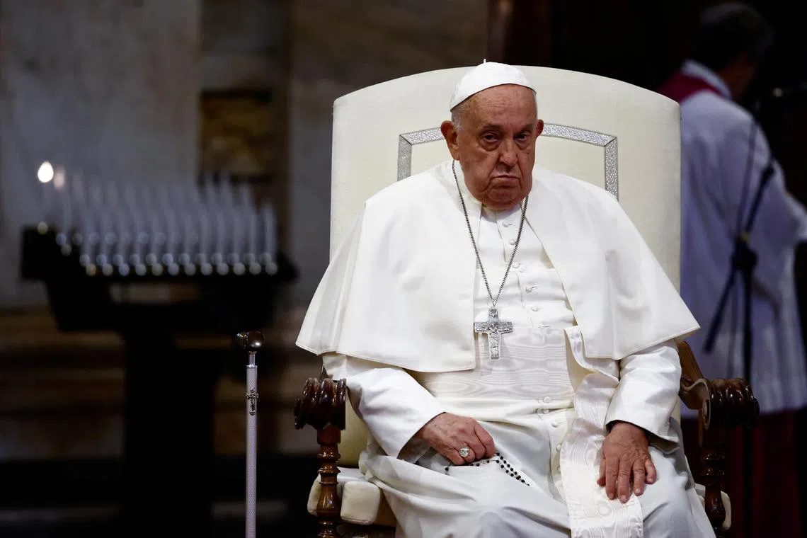 FILE PHOTO: Pope Francis holds general prayers for peace at the Papal Basilica of Saint Mary Major (Santa Maria Maggiore) on the eve of the anniversary of the October 7 attack on Israel, amid the Israel-Hamas conflict, in Rome, Italy, October 6, 2024. REUTERS/Yara Nardi/File Photo
