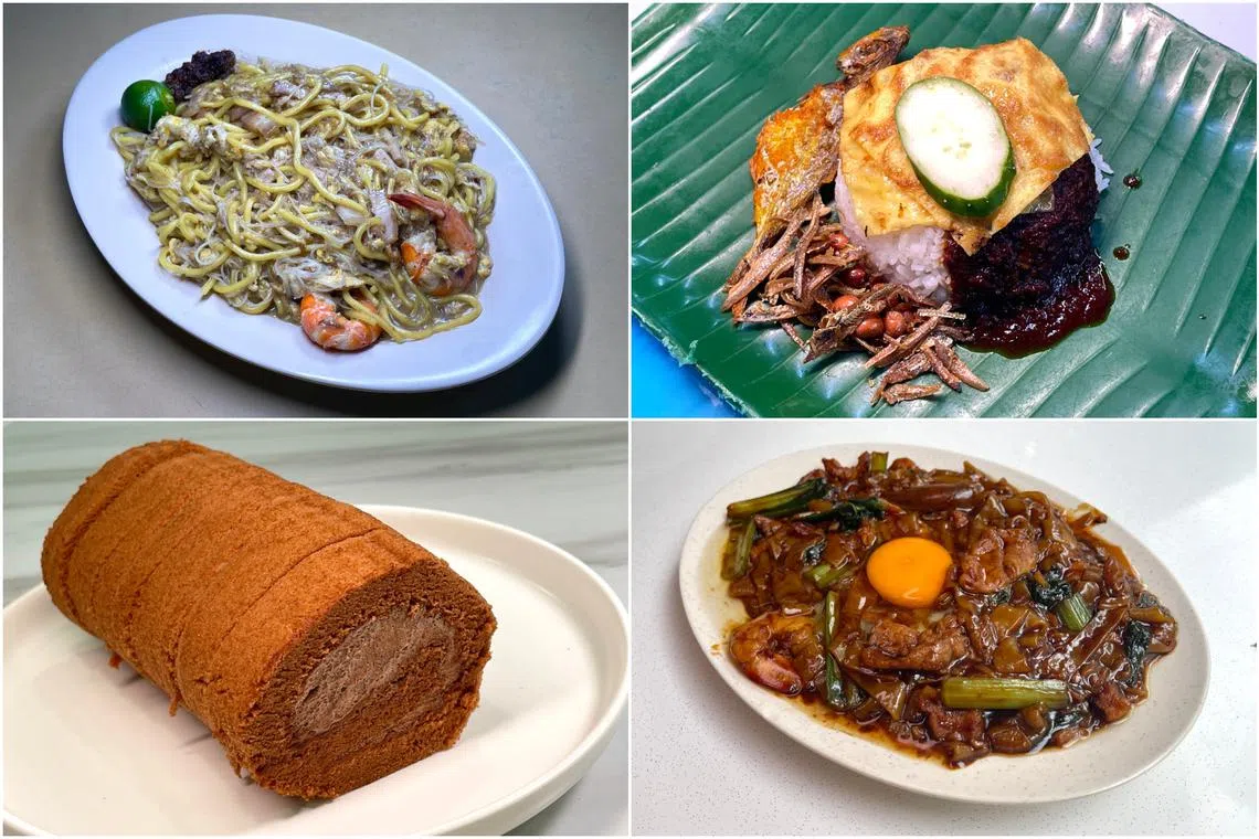 (Clockwise from top left) Fried Hokkien Prawn Noodle at Liang’s Fried Hokkien Prawn Noodle, nasi lemak at Kedai Makan Muhajirin, Yu kong hor at Tuck Kee Son and Chocolate swiss roll at 2112 Bakery.