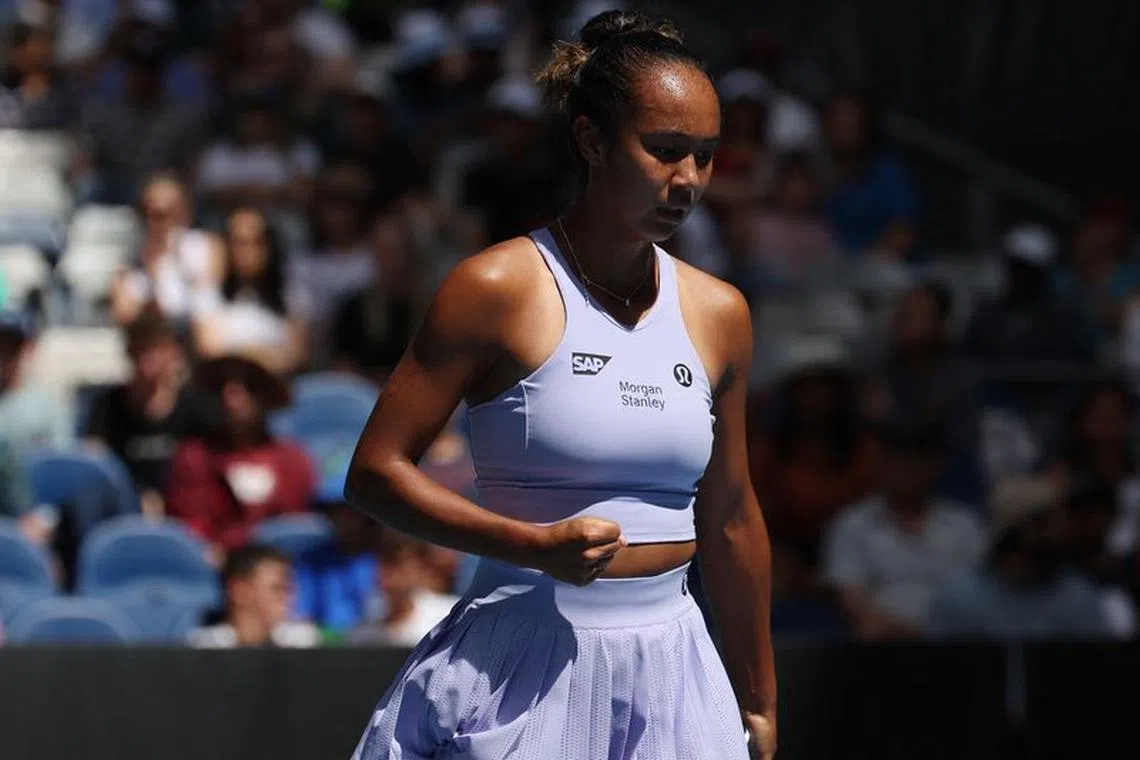 Tennis - Australian Open - Melbourne Park, Melbourne, Australia - January 14, 2024 Canada's Leylah Fernandez reacts during her first round match against Czech Republic's Sara Bejlek