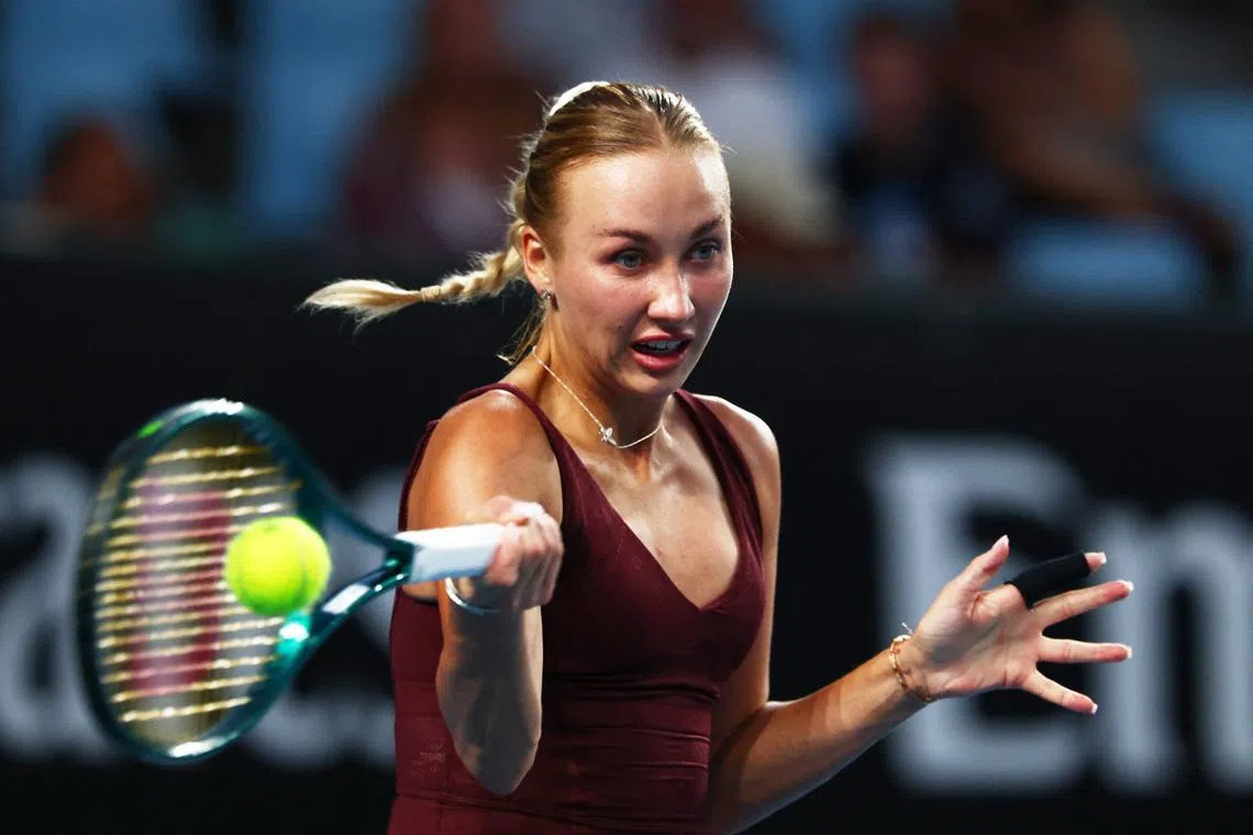 Tennis - Australian Open - Melbourne Park, Melbourne, Australia - January 18, 2026 Austria's Anastasia Potapova in action during her first round match against Netherlands' Suzan Lamens REUTERS/Tingshu Wang