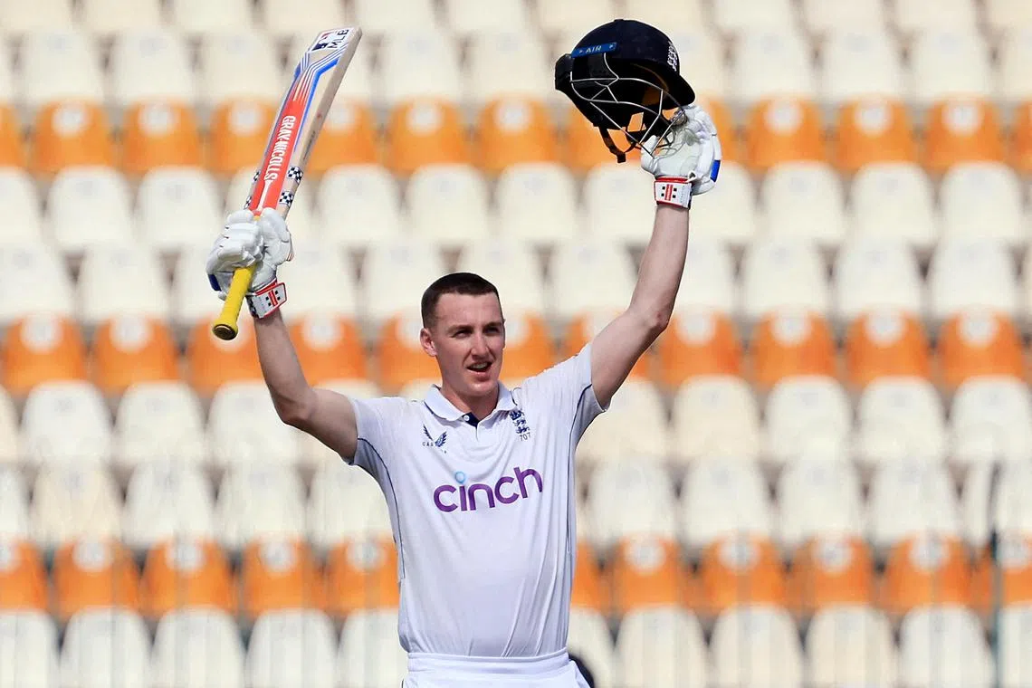 FILE PHOTO: Cricket - First Test - England v Pakistan - Multan Cricket Stadium, Multan, Pakistan - October 10, 2024 England's Harry Brook celebrates his triple century REUTERS/Akhtar Soomro /File Photo