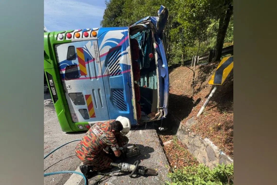 A tour bus overturned while travelling downhill from Genting Highlands on June 29, 2024.