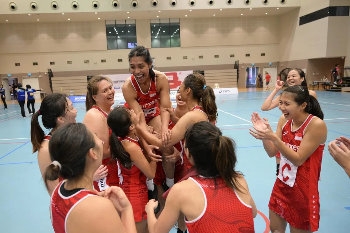 Singapore vice-captain Aqilah Andin (being lifted) retires from the national team with 101 appearances for the Republic.