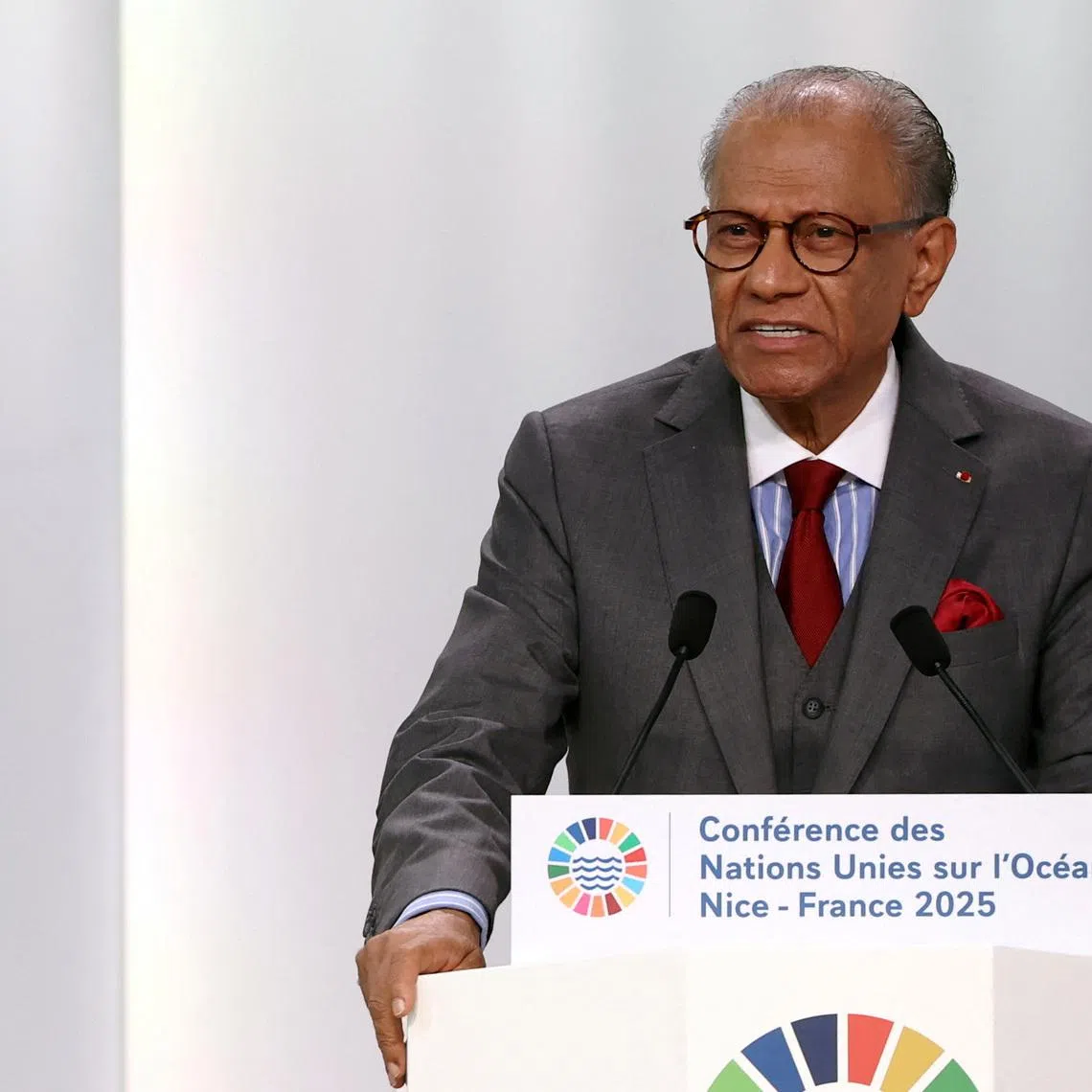 Mauritius' Prime Minister Navin Ramgoolam delivers a speech during a plenary session at the third United Nations Ocean Conference (UNOC3), which gathers leaders, researchers and activists to discuss how to protect marine life, at the Centre des Expositions conference centre in Nice, France, June 10, 2025. REUTERS/Manon Cruz/File Photo