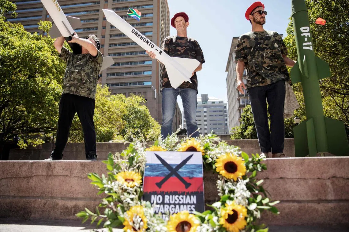 Protesters demonstrate against South Africa's joint military exercise with Russia and China, in Cape Town on Feb 17. 