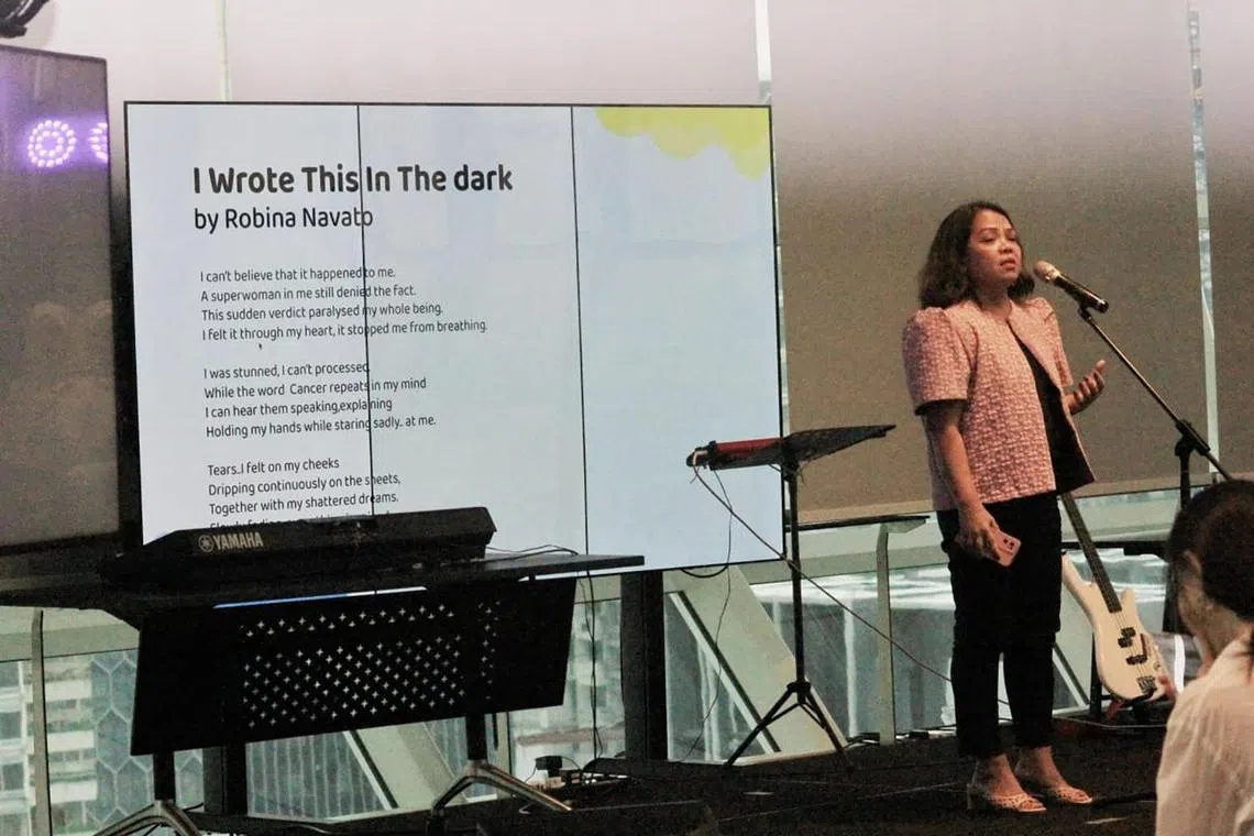 Ms Robina Navato recited her poem "I Wrote This In The Dark" in Singapore in November 2023. The poem is about her mental health in coping with her cancer diagnosis. It was among 20 out of hundreds of entries to be shortlisted in the Migrant Worker Poetry Competition 2023. 

