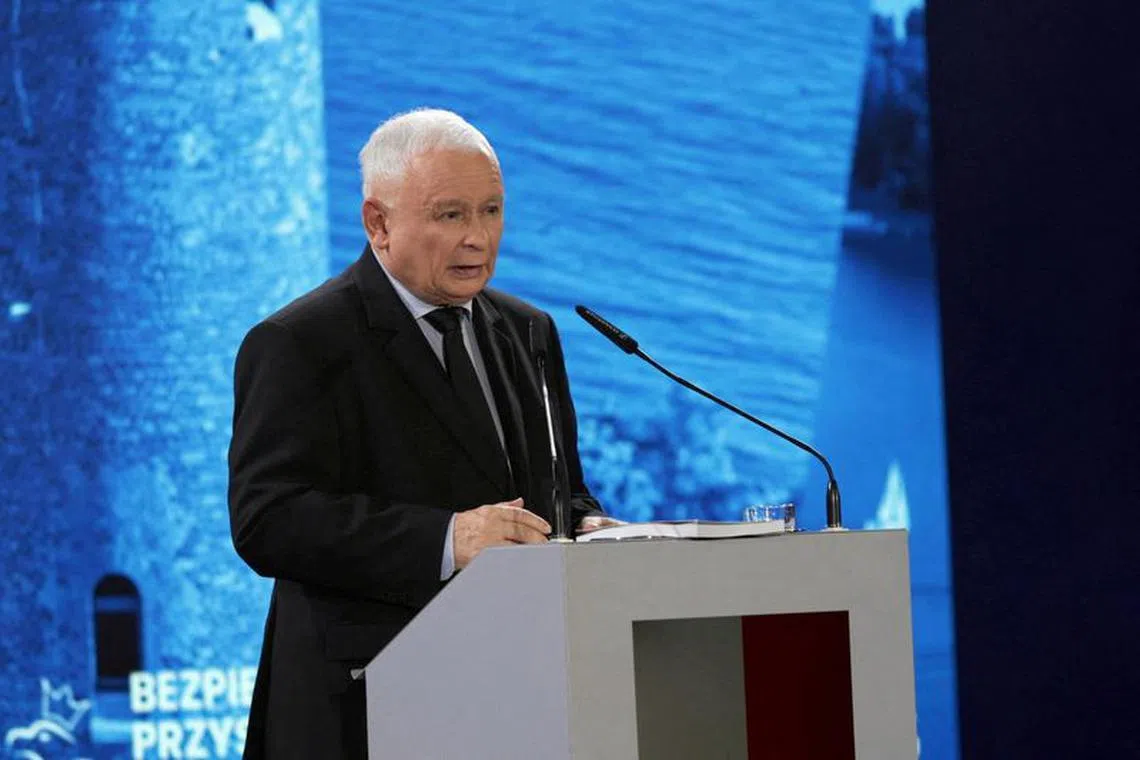 FILE PHOTO: Leader of the Law and Justice (PiS) ruling party Jaroslaw Kaczynski delivers his speech during the Law and Justice party conference in Konskie, Poland September 9, 2023. Pawel Maleckii/Agencja Wyborcza.pl via REUTERS/File Photo
