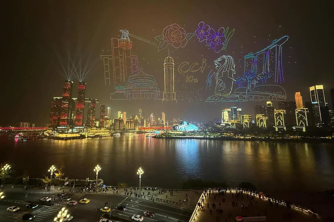 A drone show in Chongqing marking the 10th anniversary of the Chongqing Connectivity Initiative on Dec 15.