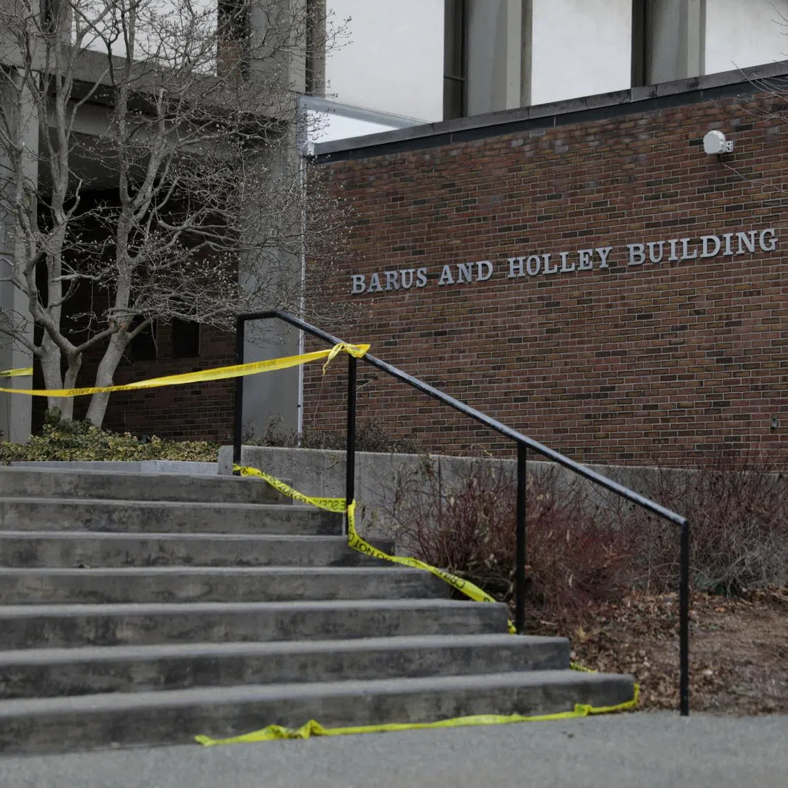 FILE PHOTO: The Barus & Holley engineering building remains closed as the manhunt continues for the gunman, following a shooting at Brown University in Providence, Rhode Island, U.S. December 17, 2025.  REUTERS/Taylor Coester/File Photo