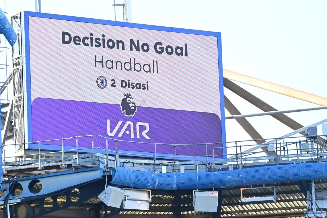 The big screen displaying the message that a possible goal from Chelsea's Axel Disasi being disallowed after a video assistant referee review during the English Premier League  match against Burnley on March 30.