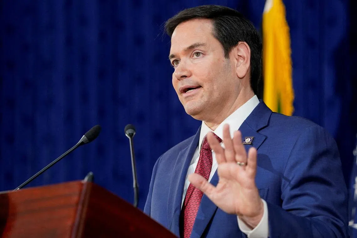 FILE PHOTO: U.S. Secretary of State Marco Rubio speaks during a joint press conference with Jamaican Prime Minister Andrew Holness, in Kingston, Jamaica, March 26, 2025. REUTERS/Nathan Howard/Pool/File Photo
