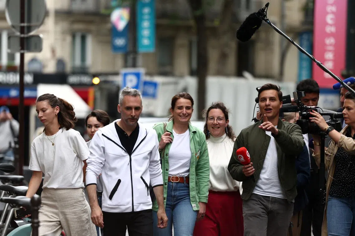 Green party leader Marine Tondelier (centre), a member of the leftist New Popular Front, arriving at her party's headquarters on July 8.