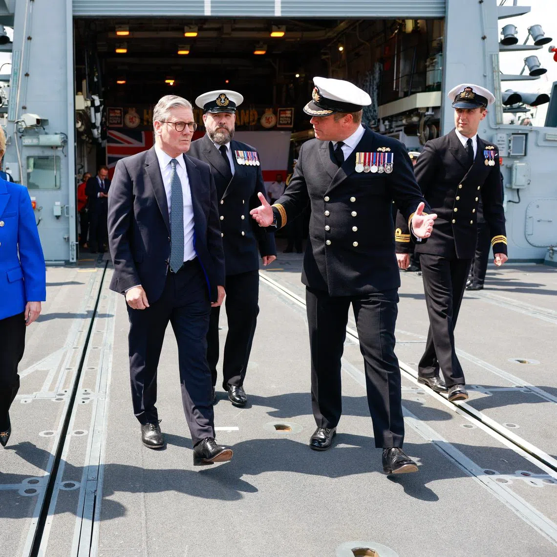 (From left) European Council president Antonio Costa, European Commission president Ursula von der Leyen and British PM Keir Starmer touring HMS Sutherland, a British frigate, in London on May 19.