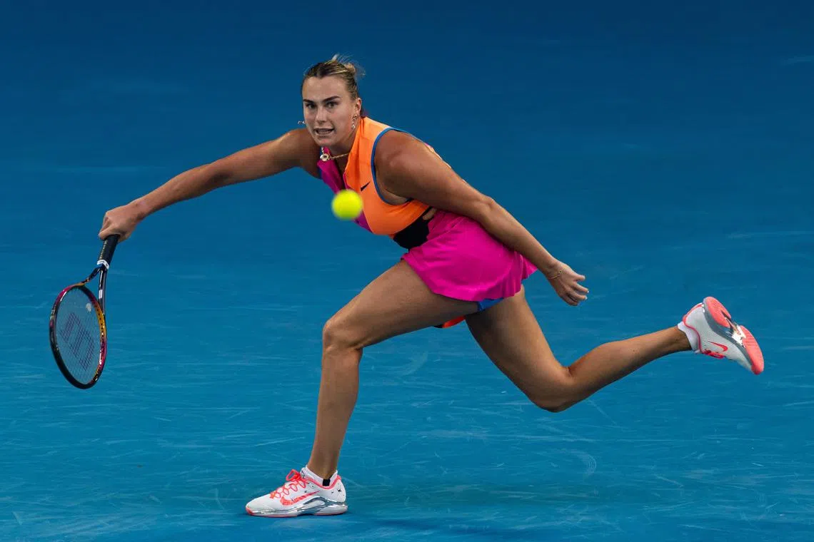 Jan 29, 2026; Melbourne, Victoria, Australia; Aryna Sabalenka in action against Elina Svitolina of Ukraine in the semifinals of the women’s singles at the Australian Open at Rod Laver Arena in Melbourne Park. Mandatory Credit: Mike Frey-Imagn Images