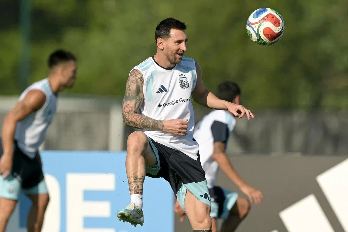 Argentina's forward #10 Lionel Messi kicks the ball in a training session during the 2026 World Cup football tournament at Sporting KC Training Centre in Kansas City on June 24, 2026. (Photo by JUAN MABROMATA / AFP)