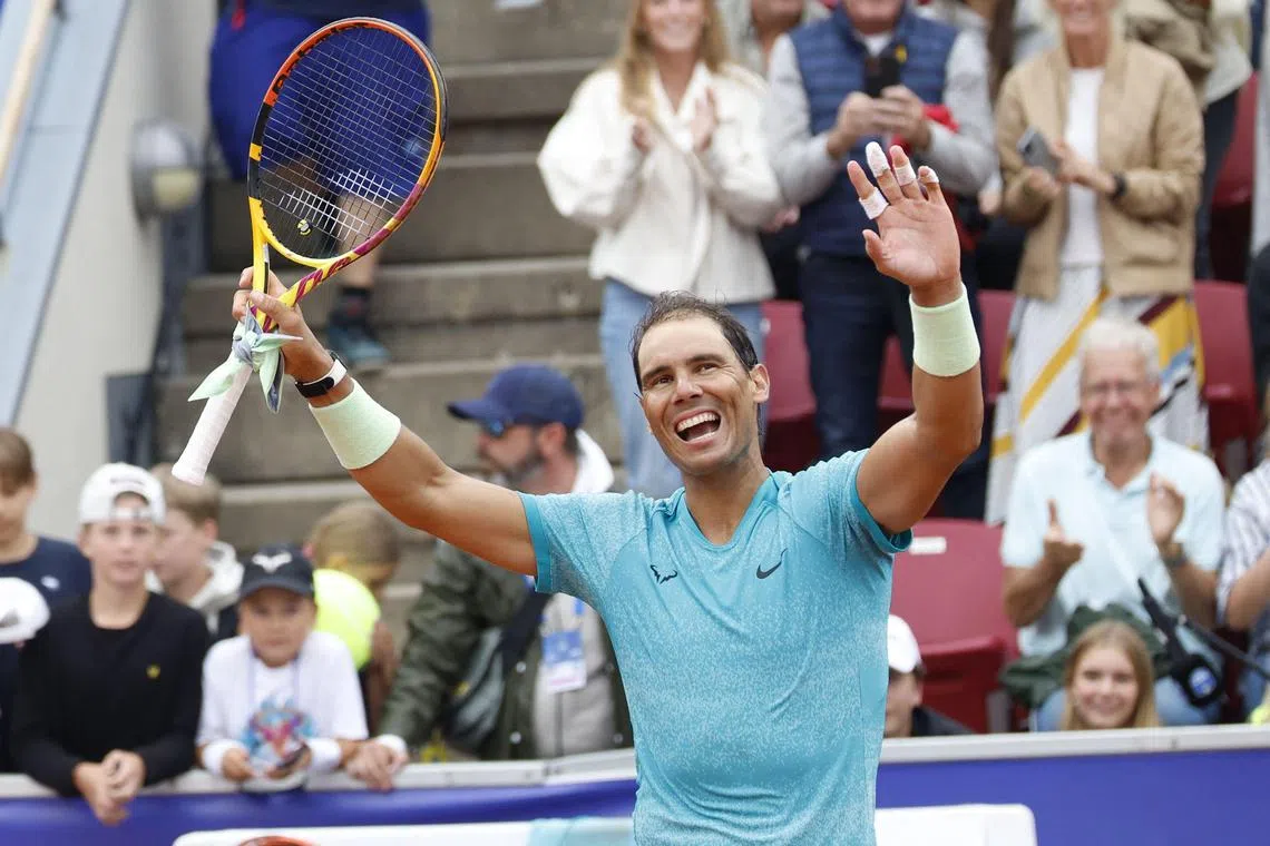 Spain's Rafael Nadal celebrates after beating Sweden's Leo Borg, son of tennis great Bjorn Borg, in Bastad.