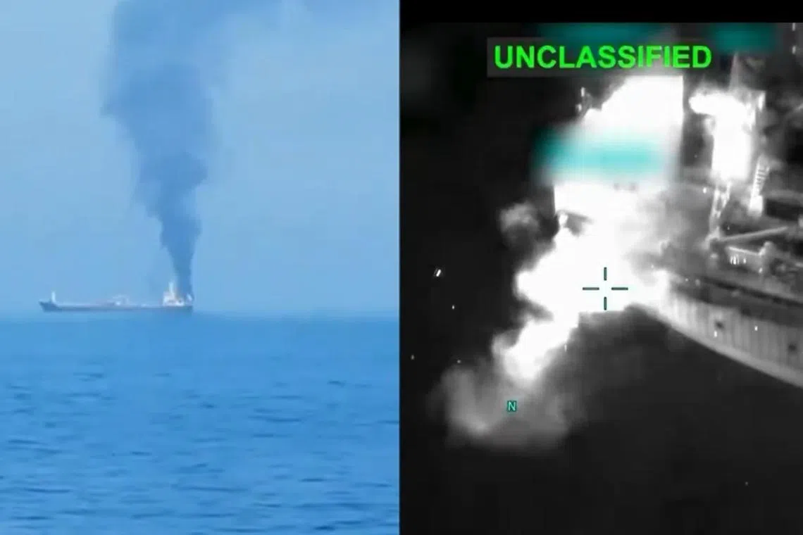 Screenshots from video footage posted online that is said to show the Jalveer tanker being fired upon by the US off the coast of Oman.