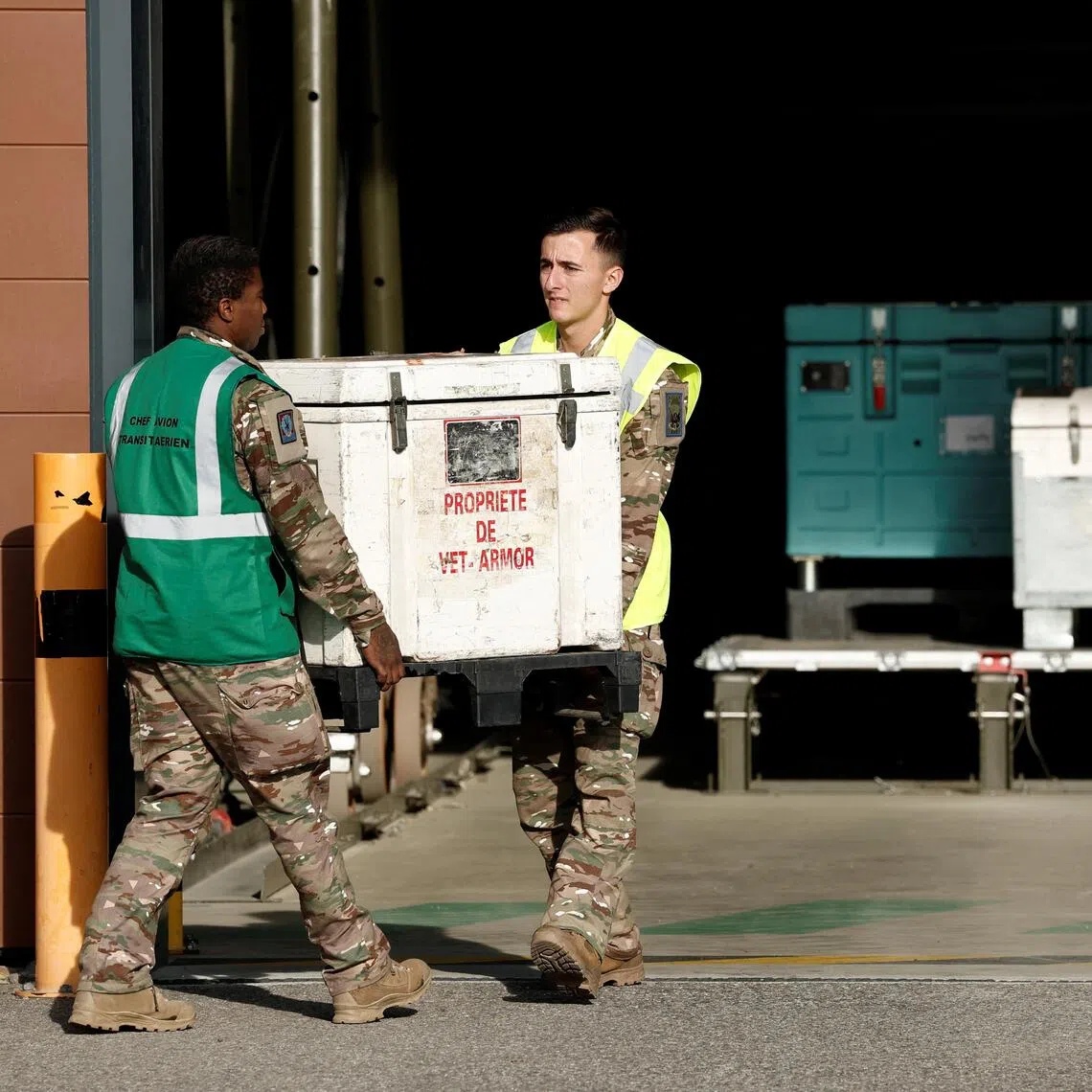 Soldiers carrying new vaccine doses aimed at containing an outbreak of lumpy skin disease affecting French cattle, in Toulouse, France, on Dec 18.