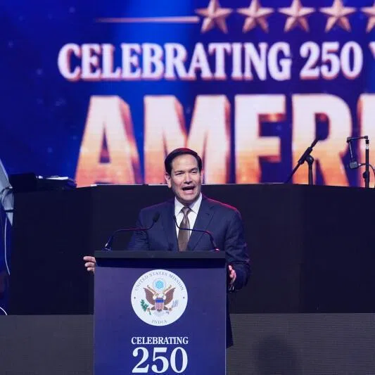 US Secretary of State Marco Rubio speaking at an event celebrating the US's 250th anniversary, at the Bharat Mandapam convention centre, in New Delhi, on May 24.